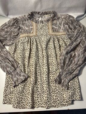 JODIFL Beige and Taupe Leopard Print Blouse with Sheer Smocked Sleeves